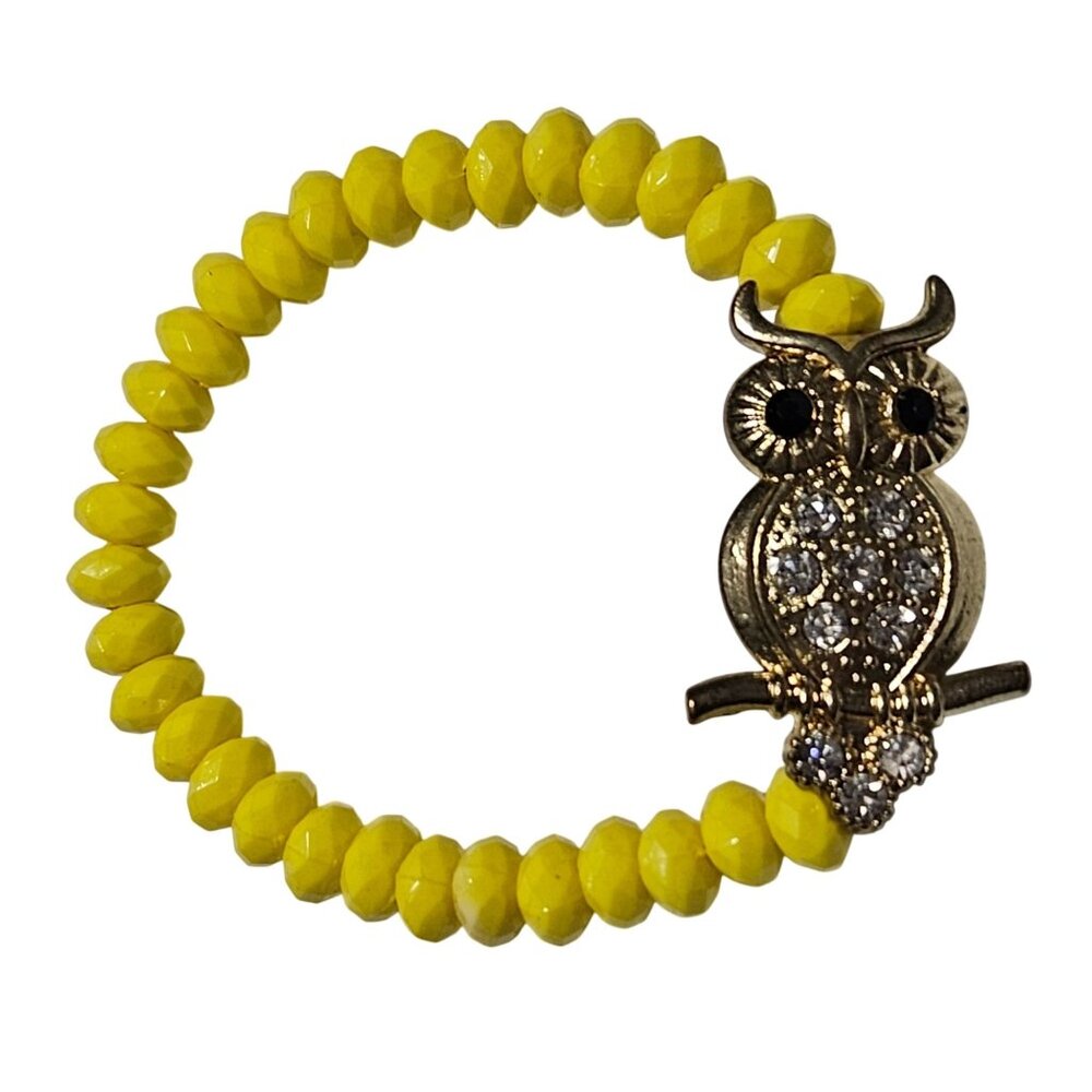 Owl Yellow Beaded Charm Bracelet Rhinestone Accents Nature Animal Jewelry Women